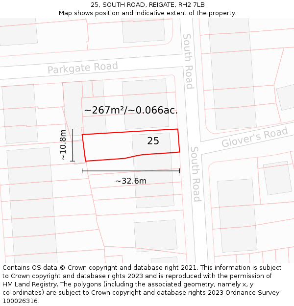 25, SOUTH ROAD, REIGATE, RH2 7LB: Plot and title map
