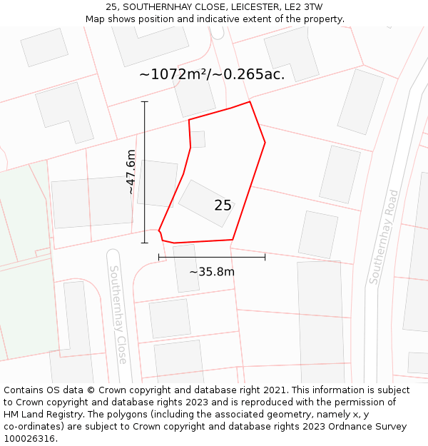 25, SOUTHERNHAY CLOSE, LEICESTER, LE2 3TW: Plot and title map