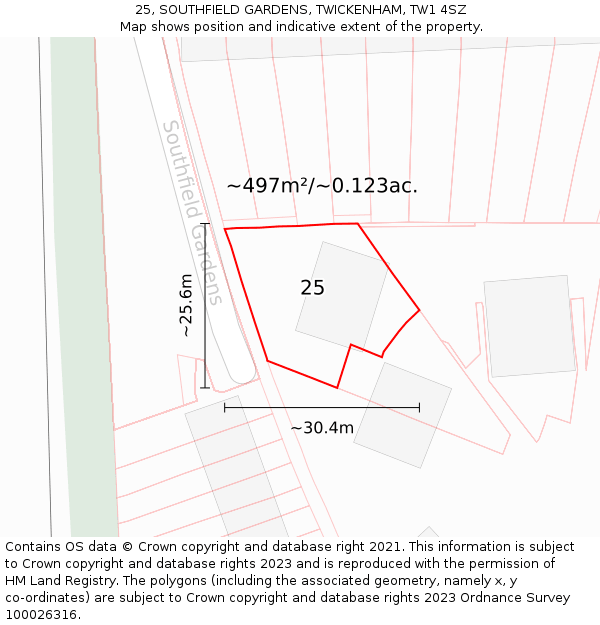 25, SOUTHFIELD GARDENS, TWICKENHAM, TW1 4SZ: Plot and title map