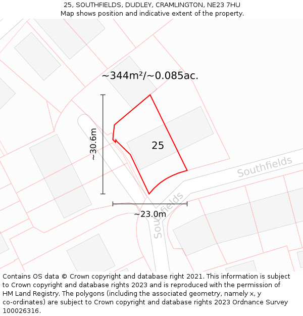 25, SOUTHFIELDS, DUDLEY, CRAMLINGTON, NE23 7HU: Plot and title map