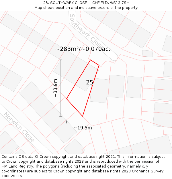 25, SOUTHWARK CLOSE, LICHFIELD, WS13 7SH: Plot and title map