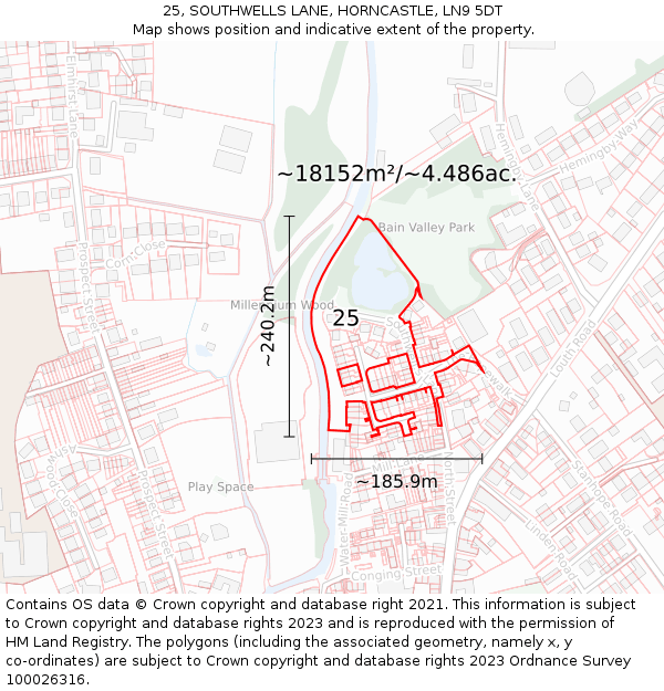 25, SOUTHWELLS LANE, HORNCASTLE, LN9 5DT: Plot and title map