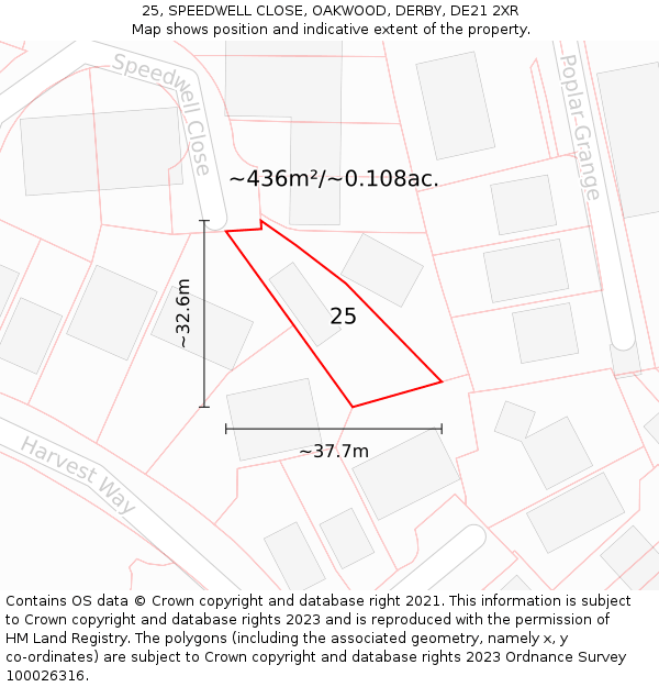 25, SPEEDWELL CLOSE, OAKWOOD, DERBY, DE21 2XR: Plot and title map