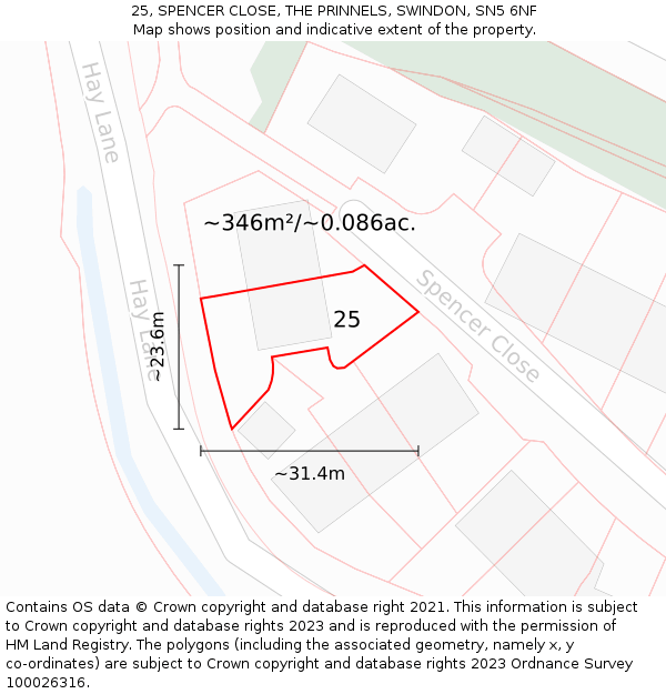 25, SPENCER CLOSE, THE PRINNELS, SWINDON, SN5 6NF: Plot and title map