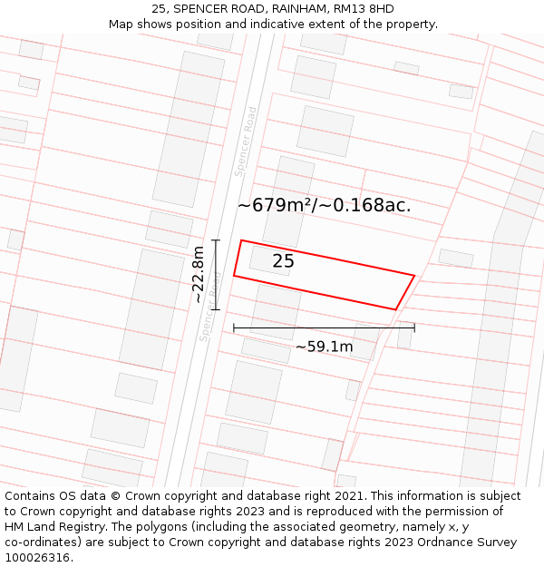 25, SPENCER ROAD, RAINHAM, RM13 8HD: Plot and title map
