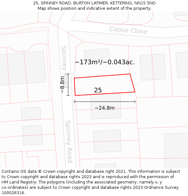 25, SPINNEY ROAD, BURTON LATIMER, KETTERING, NN15 5ND: Plot and title map