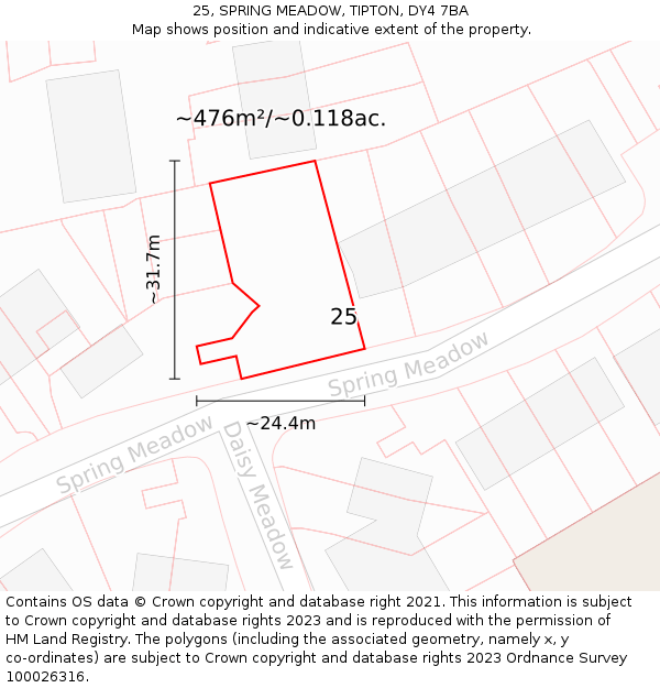 25, SPRING MEADOW, TIPTON, DY4 7BA: Plot and title map