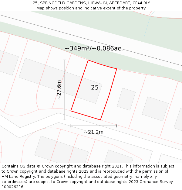25, SPRINGFIELD GARDENS, HIRWAUN, ABERDARE, CF44 9LY: Plot and title map