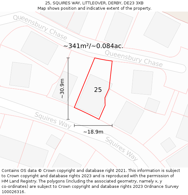 25, SQUIRES WAY, LITTLEOVER, DERBY, DE23 3XB: Plot and title map