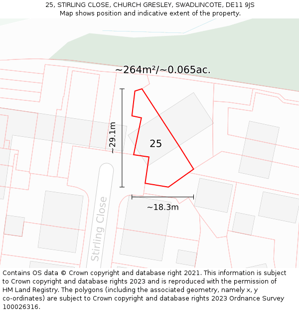 25, STIRLING CLOSE, CHURCH GRESLEY, SWADLINCOTE, DE11 9JS: Plot and title map