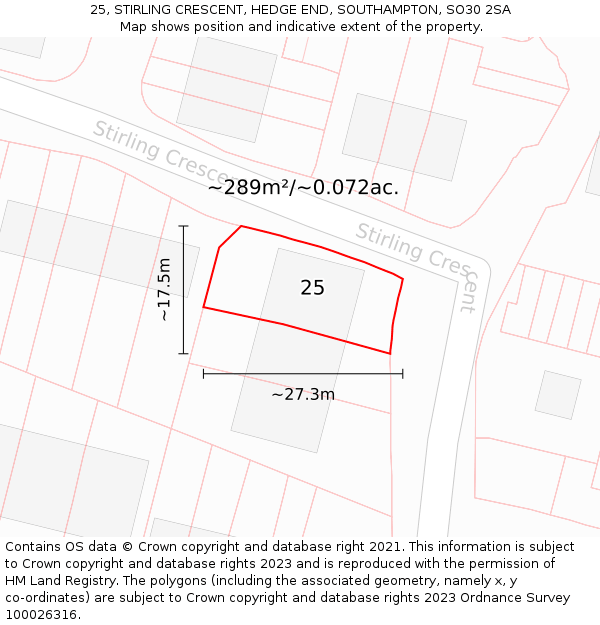 25, STIRLING CRESCENT, HEDGE END, SOUTHAMPTON, SO30 2SA: Plot and title map