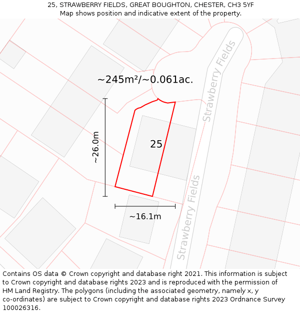25, STRAWBERRY FIELDS, GREAT BOUGHTON, CHESTER, CH3 5YF: Plot and title map