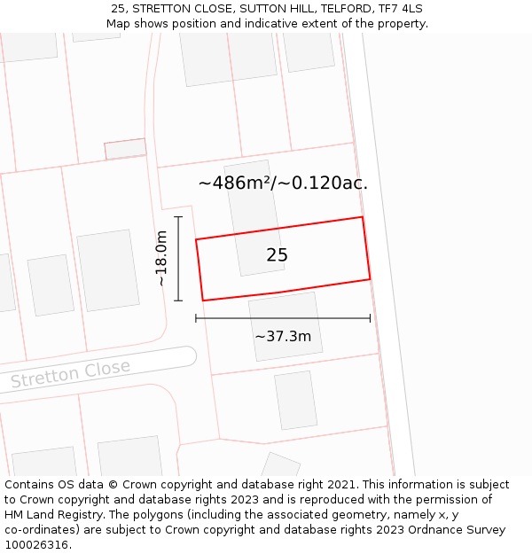 25, STRETTON CLOSE, SUTTON HILL, TELFORD, TF7 4LS: Plot and title map
