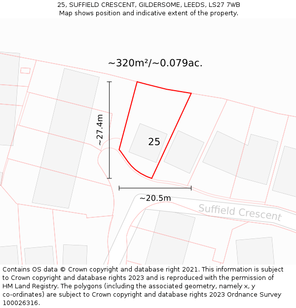 25, SUFFIELD CRESCENT, GILDERSOME, LEEDS, LS27 7WB: Plot and title map