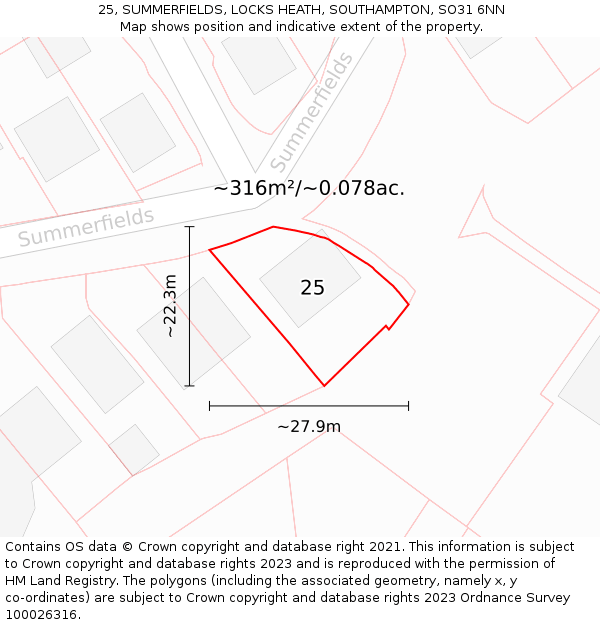 25, SUMMERFIELDS, LOCKS HEATH, SOUTHAMPTON, SO31 6NN: Plot and title map