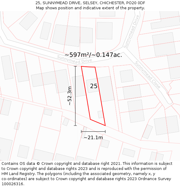 25, SUNNYMEAD DRIVE, SELSEY, CHICHESTER, PO20 0DF: Plot and title map