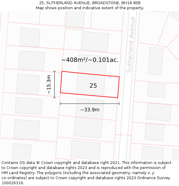 25, SUTHERLAND AVENUE, BROADSTONE, BH18 9EB: Plot and title map
