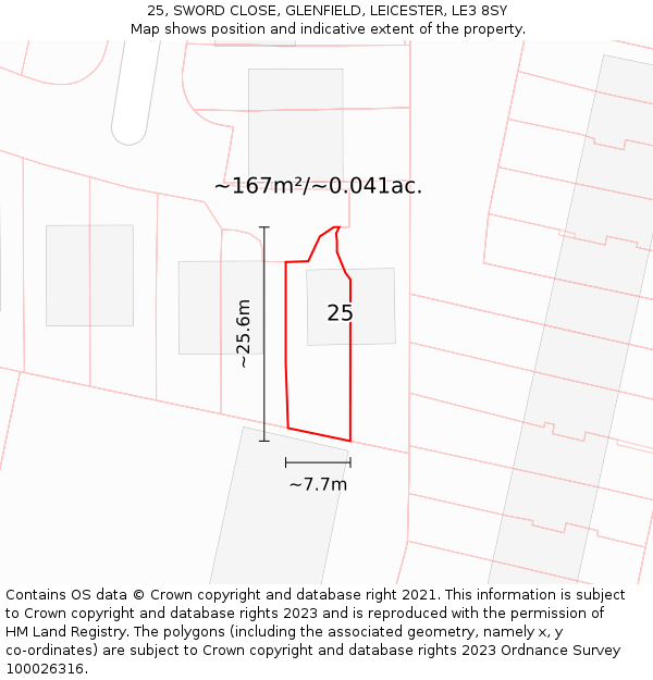 25, SWORD CLOSE, GLENFIELD, LEICESTER, LE3 8SY: Plot and title map