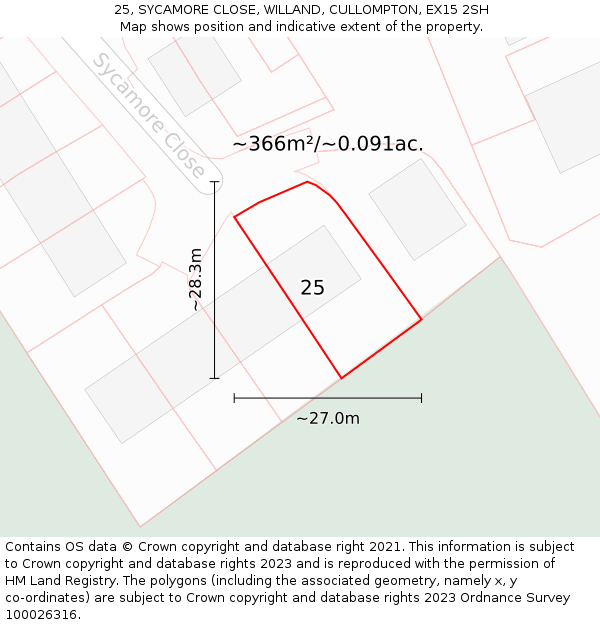 25, SYCAMORE CLOSE, WILLAND, CULLOMPTON, EX15 2SH: Plot and title map