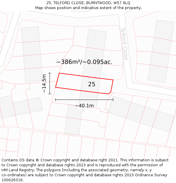25, TELFORD CLOSE, BURNTWOOD, WS7 9LQ: Plot and title map