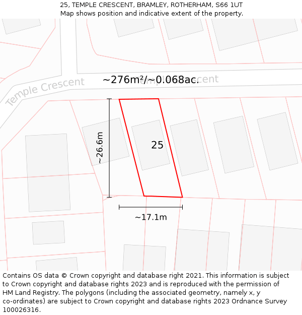 25, TEMPLE CRESCENT, BRAMLEY, ROTHERHAM, S66 1UT: Plot and title map