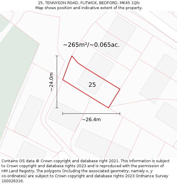 25, TENNYSON ROAD, FLITWICK, BEDFORD, MK45 1QN: Plot and title map