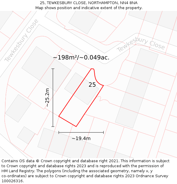 25, TEWKESBURY CLOSE, NORTHAMPTON, NN4 8NA: Plot and title map