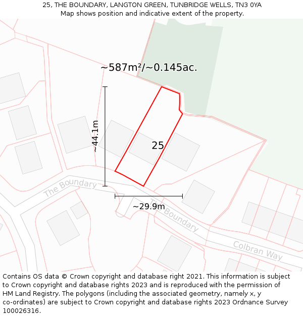 25, THE BOUNDARY, LANGTON GREEN, TUNBRIDGE WELLS, TN3 0YA: Plot and title map