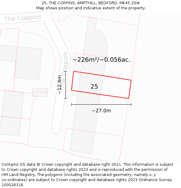 25, THE COPPINS, AMPTHILL, BEDFORD, MK45 2SW: Plot and title map