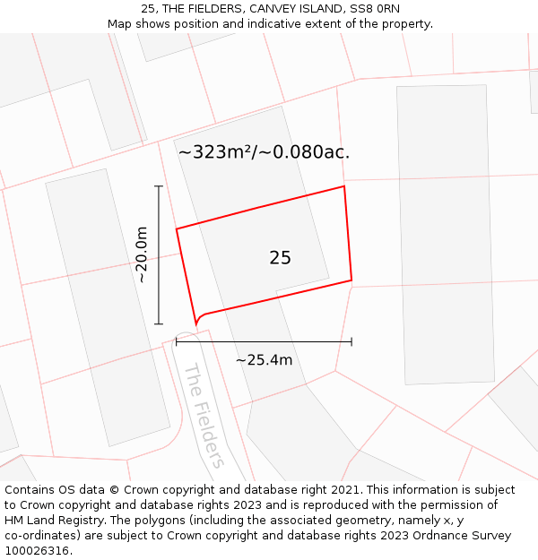 25, THE FIELDERS, CANVEY ISLAND, SS8 0RN: Plot and title map