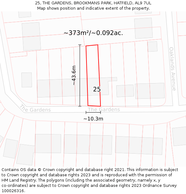 25, THE GARDENS, BROOKMANS PARK, HATFIELD, AL9 7UL: Plot and title map