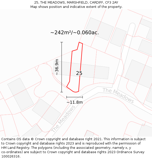 25, THE MEADOWS, MARSHFIELD, CARDIFF, CF3 2AY: Plot and title map
