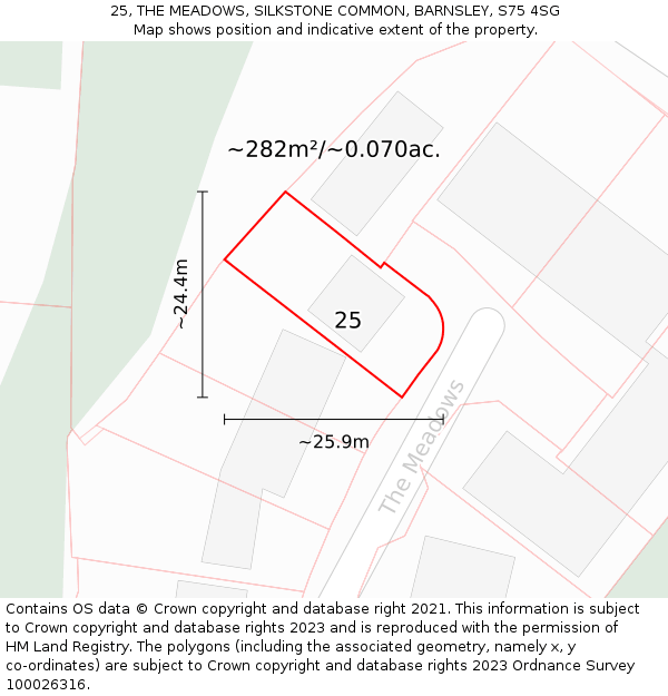 25, THE MEADOWS, SILKSTONE COMMON, BARNSLEY, S75 4SG: Plot and title map
