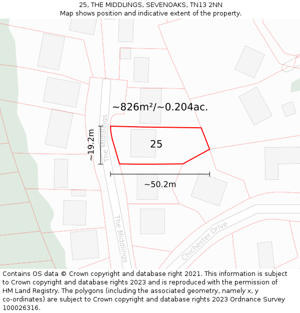 25, THE MIDDLINGS, SEVENOAKS, TN13 2NN: Plot and title map