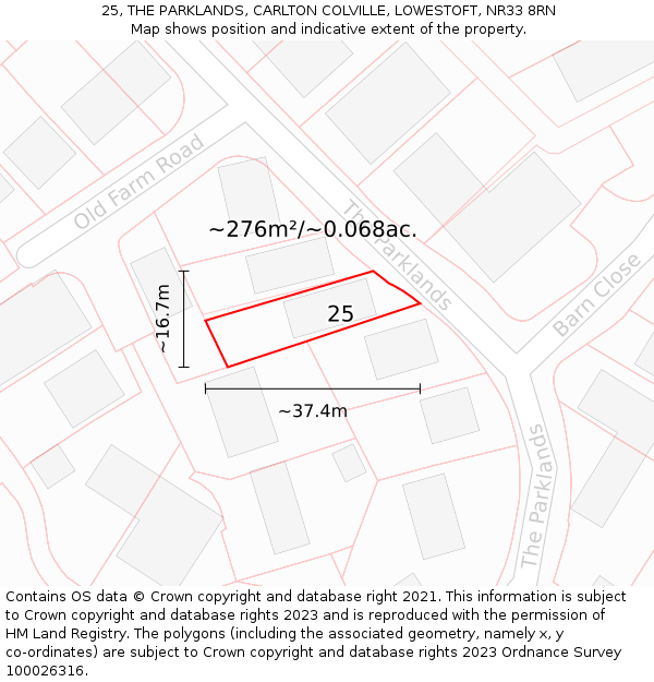 25, THE PARKLANDS, CARLTON COLVILLE, LOWESTOFT, NR33 8RN: Plot and title map