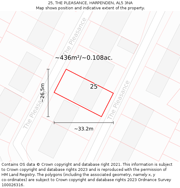 25, THE PLEASANCE, HARPENDEN, AL5 3NA: Plot and title map