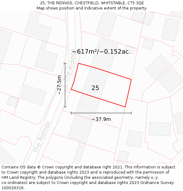 25, THE RIDINGS, CHESTFIELD, WHITSTABLE, CT5 3QE: Plot and title map