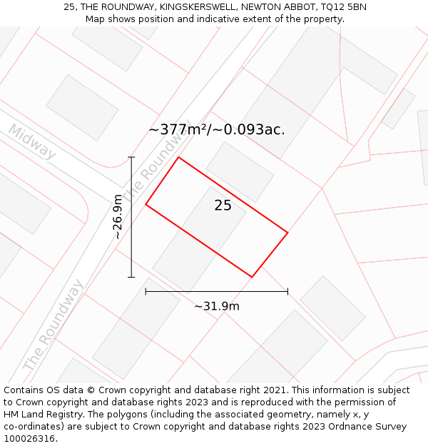 25, THE ROUNDWAY, KINGSKERSWELL, NEWTON ABBOT, TQ12 5BN: Plot and title map