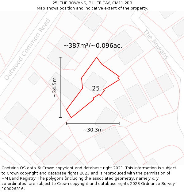 25, THE ROWANS, BILLERICAY, CM11 2PB: Plot and title map