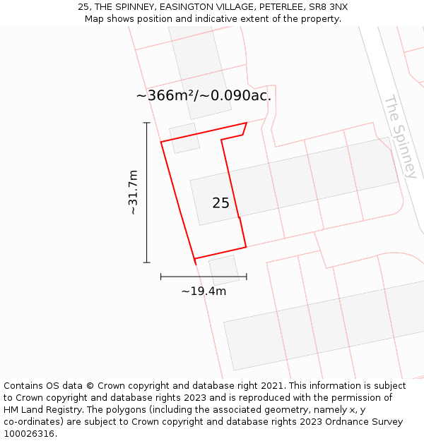 25, THE SPINNEY, EASINGTON VILLAGE, PETERLEE, SR8 3NX: Plot and title map