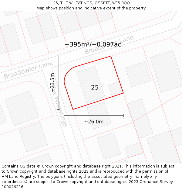 25, THE WHEATINGS, OSSETT, WF5 0QQ: Plot and title map