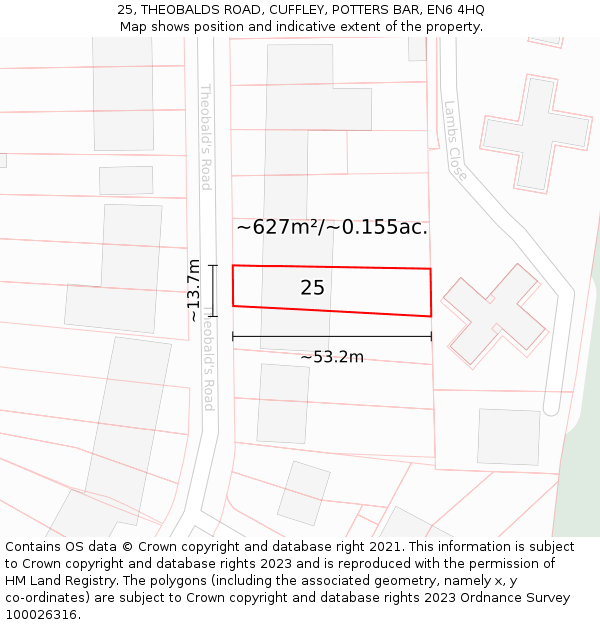 25, THEOBALDS ROAD, CUFFLEY, POTTERS BAR, EN6 4HQ: Plot and title map