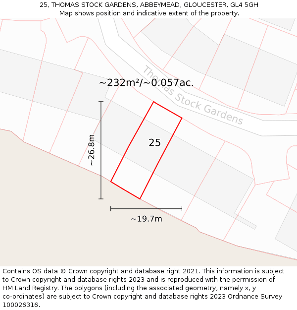 25, THOMAS STOCK GARDENS, ABBEYMEAD, GLOUCESTER, GL4 5GH: Plot and title map
