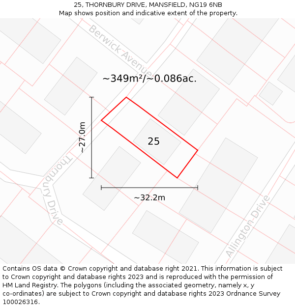 25, THORNBURY DRIVE, MANSFIELD, NG19 6NB: Plot and title map