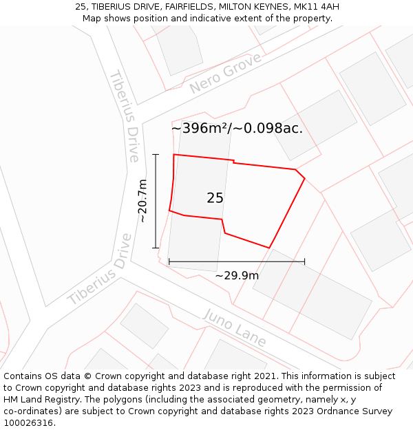 25, TIBERIUS DRIVE, FAIRFIELDS, MILTON KEYNES, MK11 4AH: Plot and title map