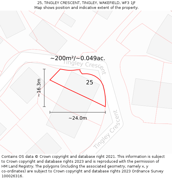 25, TINGLEY CRESCENT, TINGLEY, WAKEFIELD, WF3 1JF: Plot and title map
