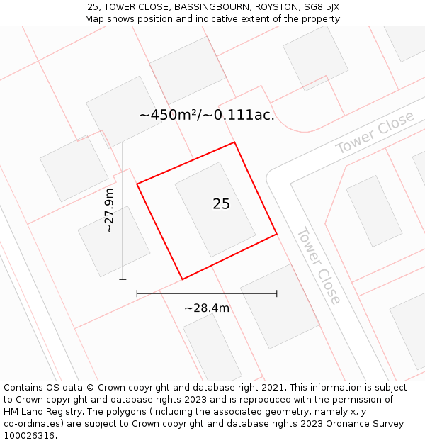 25, TOWER CLOSE, BASSINGBOURN, ROYSTON, SG8 5JX: Plot and title map
