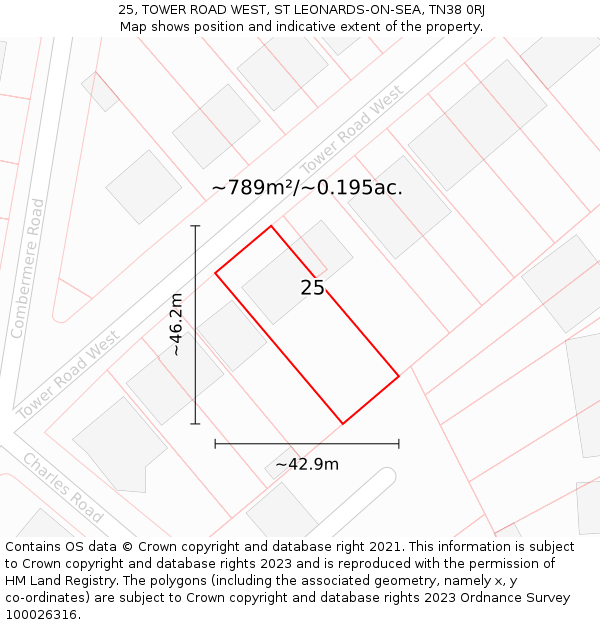 25, TOWER ROAD WEST, ST LEONARDS-ON-SEA, TN38 0RJ: Plot and title map