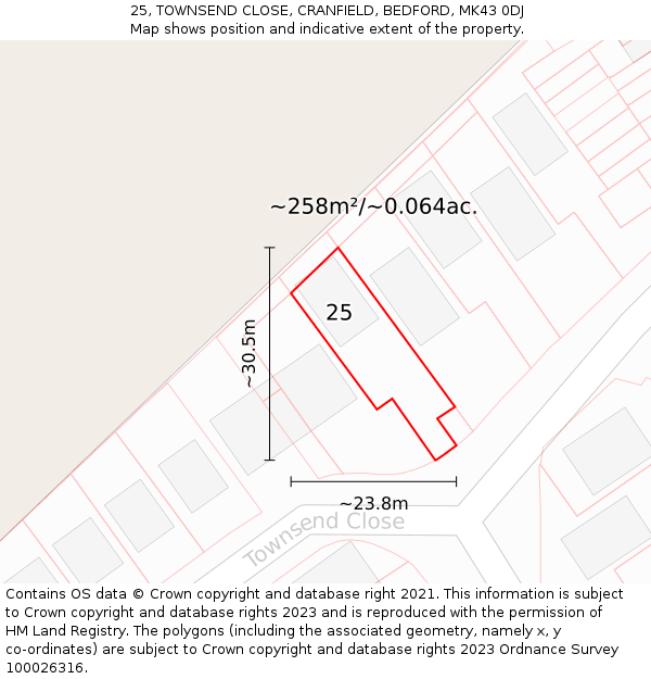 25, TOWNSEND CLOSE, CRANFIELD, BEDFORD, MK43 0DJ: Plot and title map