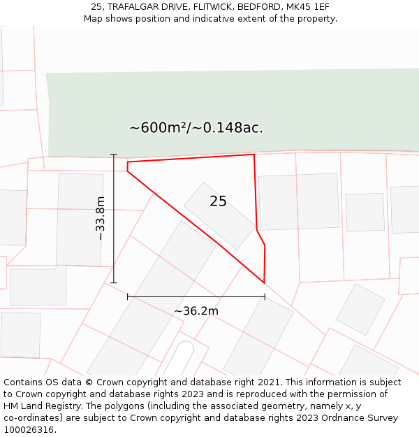 25, TRAFALGAR DRIVE, FLITWICK, BEDFORD, MK45 1EF: Plot and title map